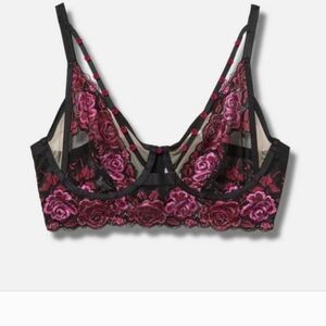 Floral Embroidered Mesh Bralette - Black & Burgundy